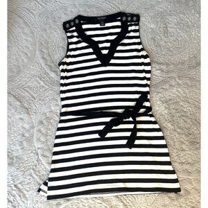 WHBM White and Black Striped Tunic Top With Tie Belt Women's Size XS